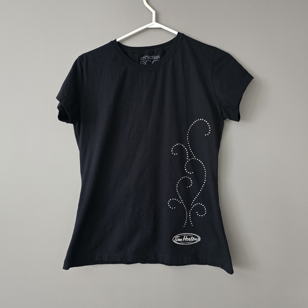 Timmies Fans! Size L Short Sleeve Rare Tim Hortins Tee. Rhinestone Embellished